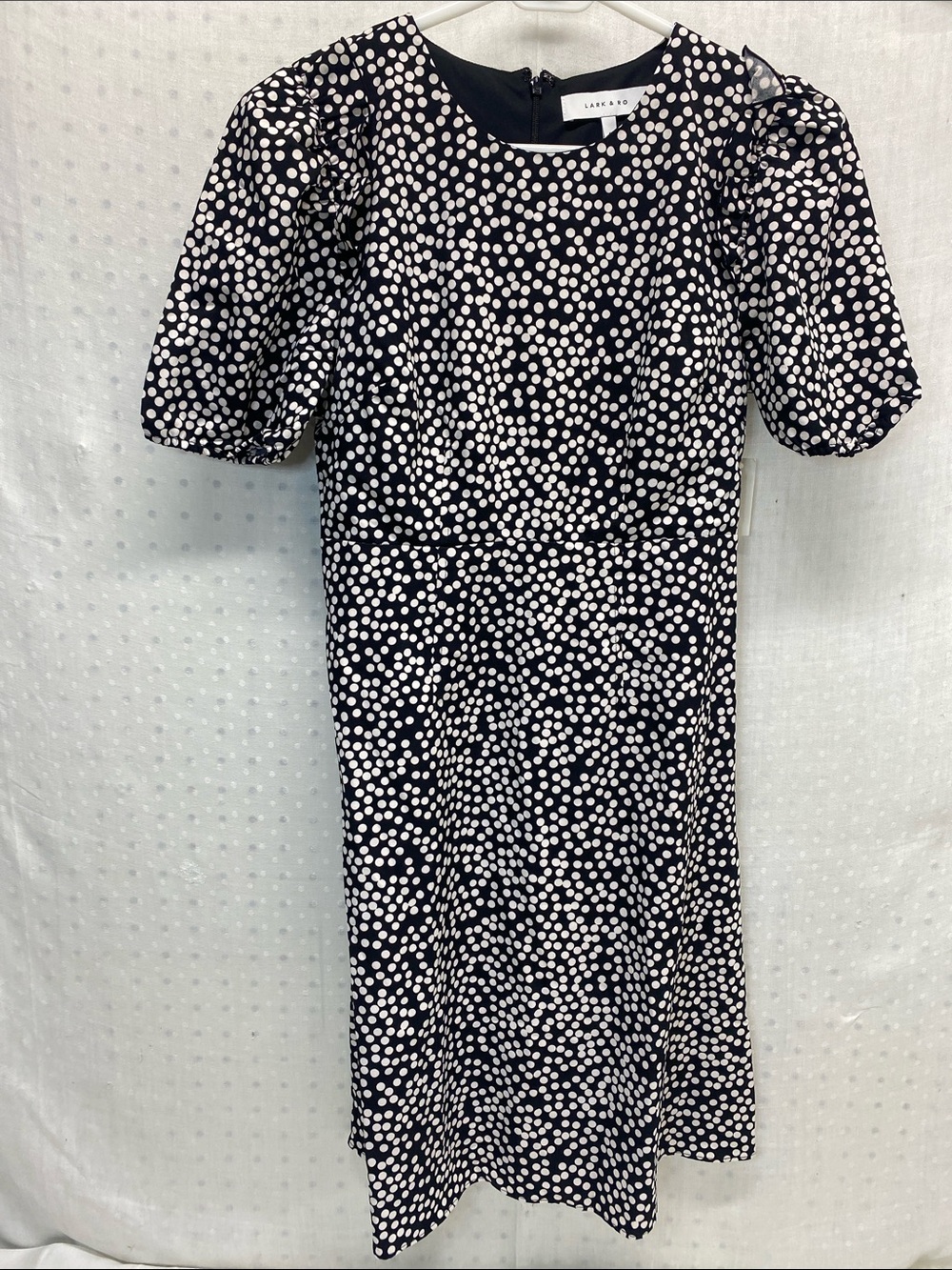 Lark & Ro Black and Ivory Polka Dot Puff-Sleeve Midi Dress Size 0 NEW